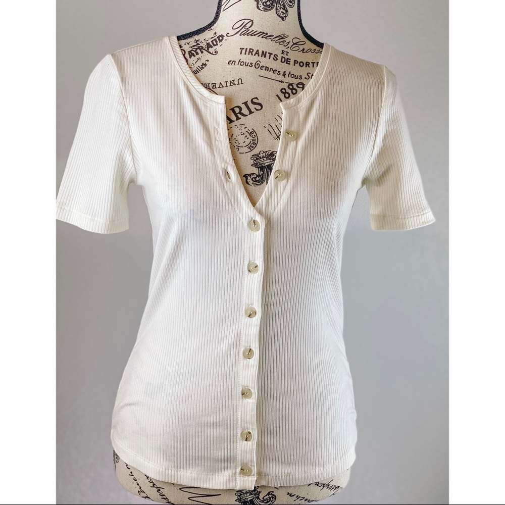 Anthropologie Maeve Cream Button Front Ribbed Tee